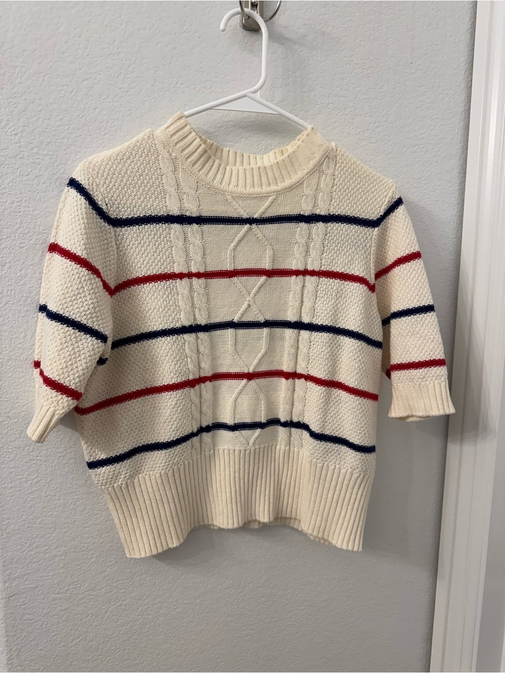 POPSUGAR Cream Short-Sleeve Cable Knit Sweater with Red & Navy Stripes